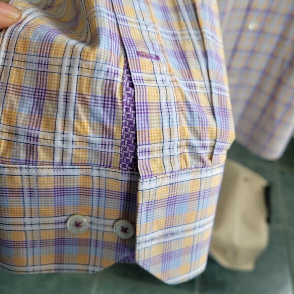 Men's Bugatchi Julian Shaped Fit Plaid Linen Button-Up Shirt (Size: S/Medium) - Picture 7 of 12